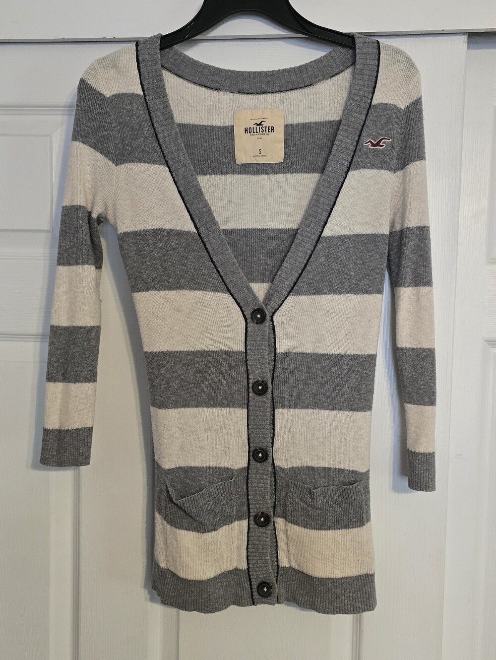 Hollister Women's Gray & Cream Striped Button Cardigan Sweater